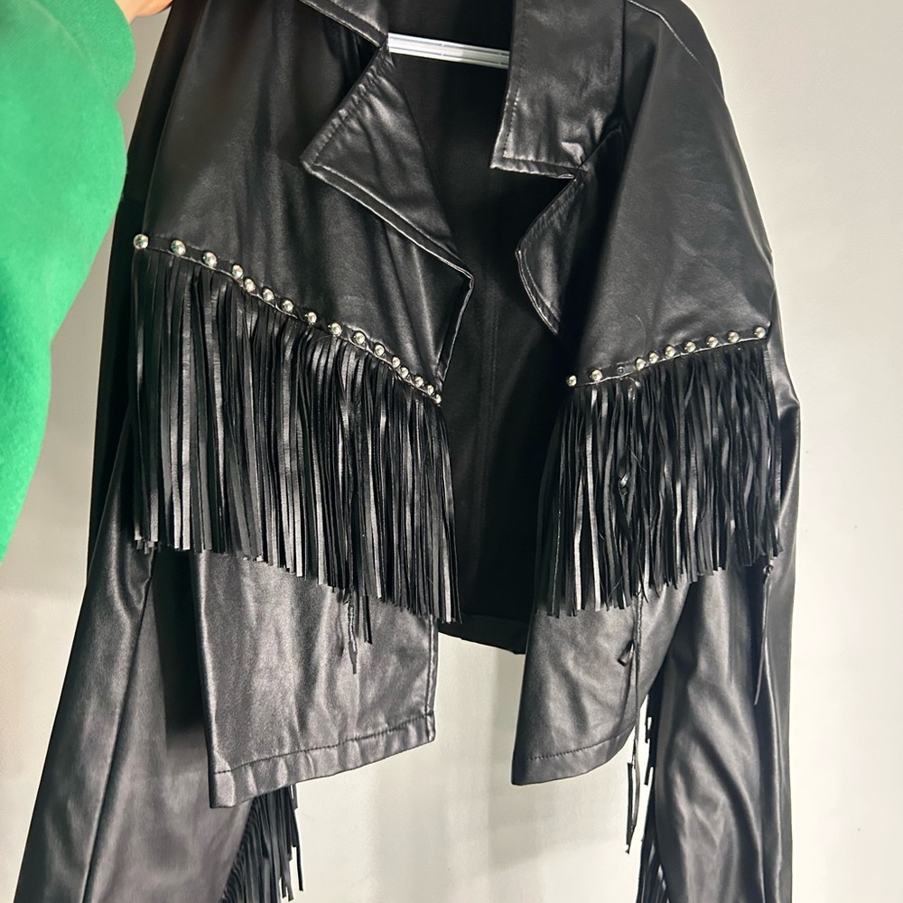 SHEIN Black Leather Jacket with Fringe and Studs